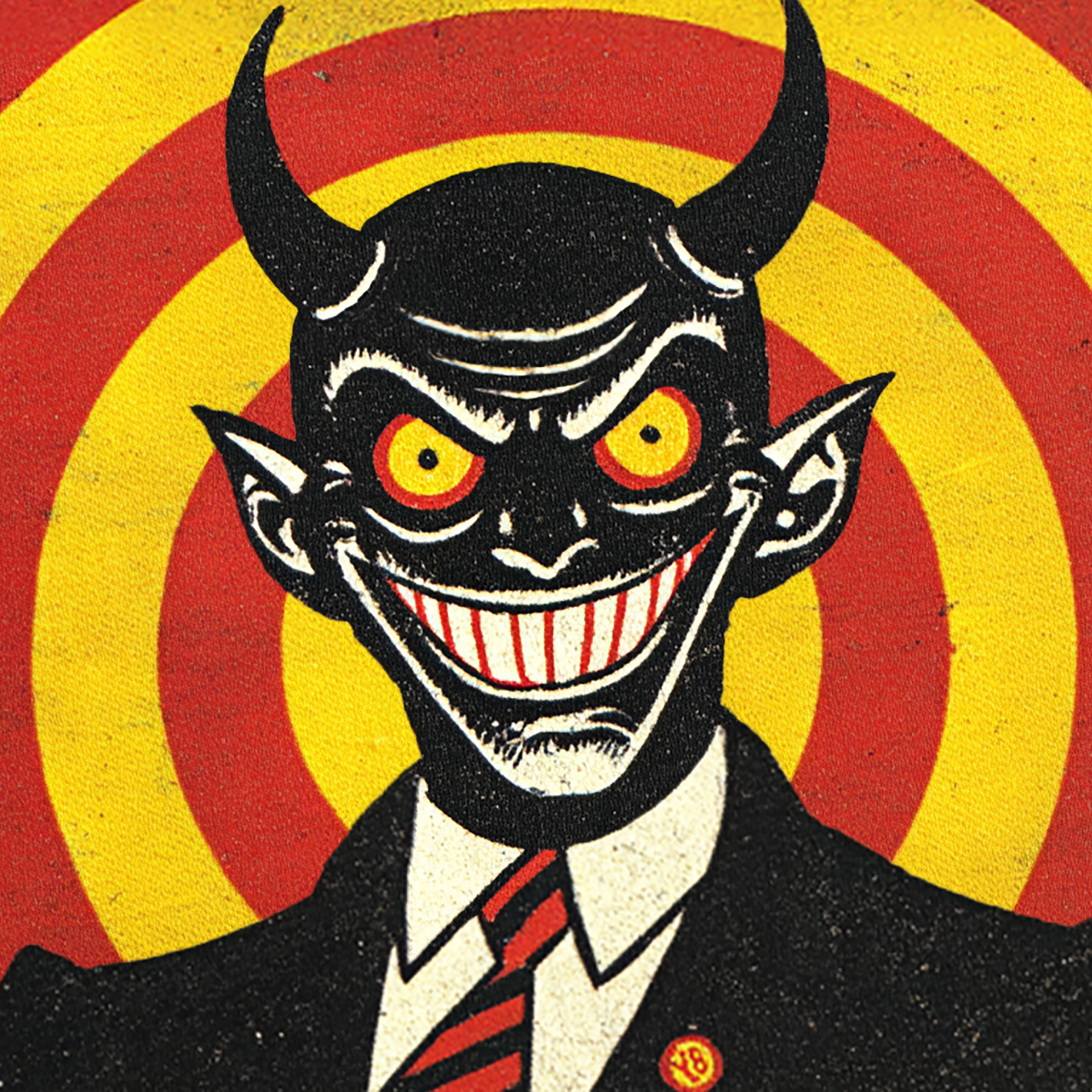 Devilish mask with red and yellow concentric circles on a textured background